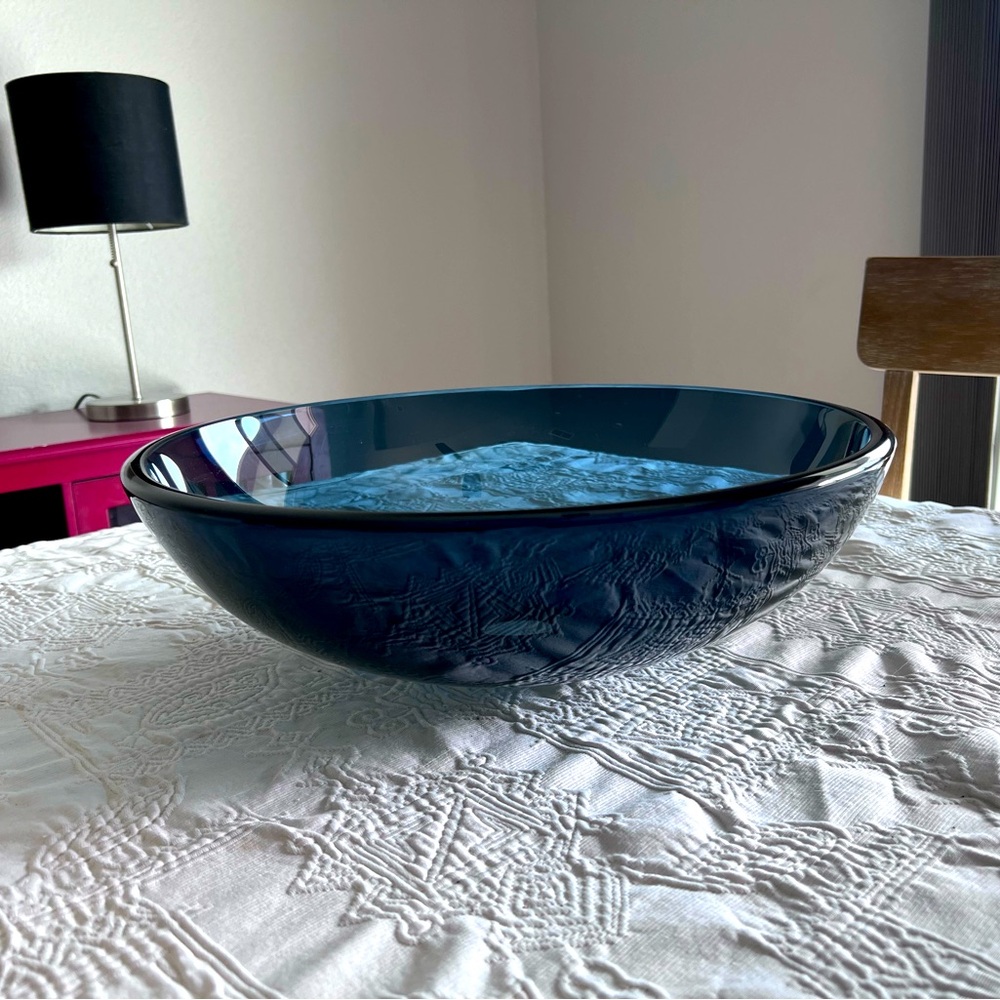 Bathroom Dark Blue Tempered Glass Vessel Sink Basin Bowl Chrome Faucet Drain